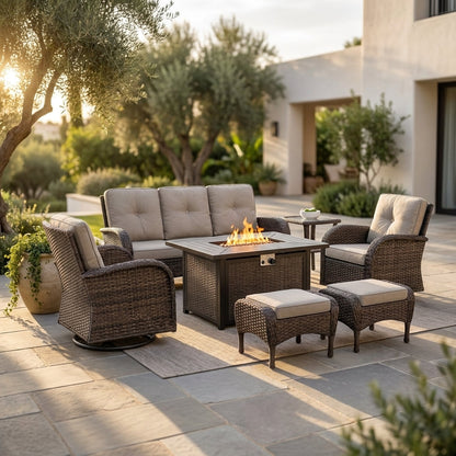 7 Piece Outdoor Patio Furniture Set, Patio Furniture Set with Fire Pit Table Rattan Wicker Patio Furniture Set, Brown Wicker & Beige Cushion — Studio Shot