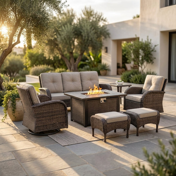 7 Piece Outdoor Patio Furniture Set, Patio Furniture Set with Fire Pit Table Rattan Wicker Patio Furniture Set, Brown Wicker & Beige Cushion