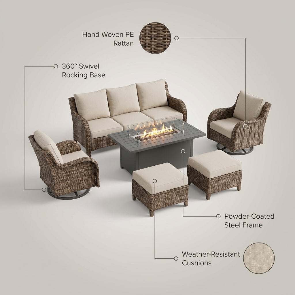 7 Piece Outdoor Patio Furniture Set, Patio Furniture Set with Fire Pit Table Rattan Wicker Patio Furniture Set, Brown Wicker & Beige Cushion — Lifestyle