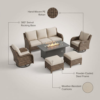 7 Piece Outdoor Patio Furniture Set, Patio Furniture Set with Fire Pit Table Rattan Wicker Patio Furniture Set, Brown Wicker & Beige Cushion — Lifestyle