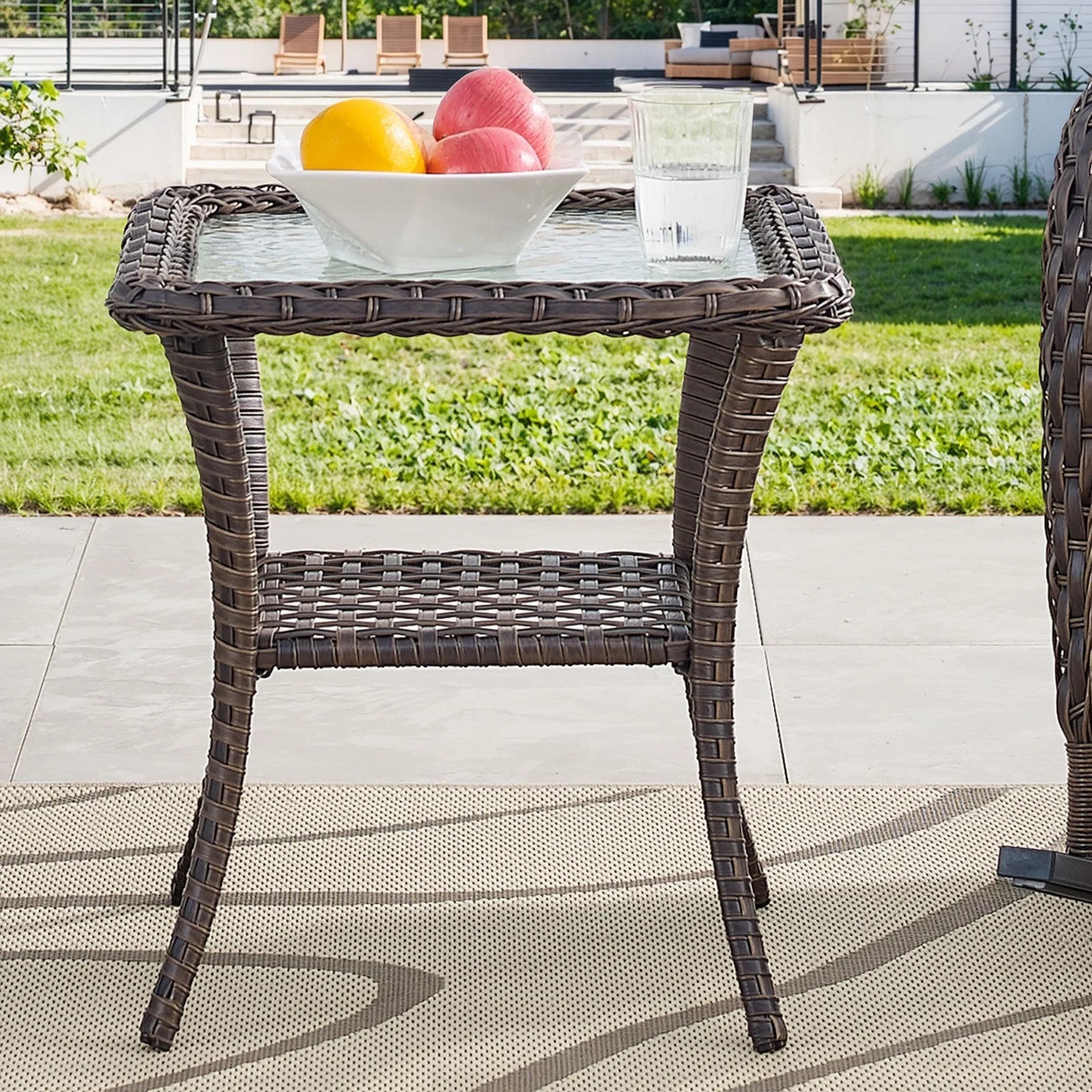 7 Piece Outdoor Patio Furniture Set, Patio Furniture Set with Fire Pit Table Rattan Wicker Patio Furniture Set, Brown Wicker & Beige Cushion