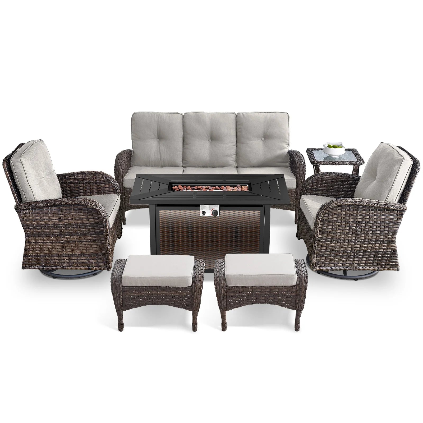 7 Piece Outdoor Patio Furniture Set, Patio Furniture Set with Fire Pit Table Rattan Wicker Patio Furniture Set, Brown Wicker & Beige Cushion