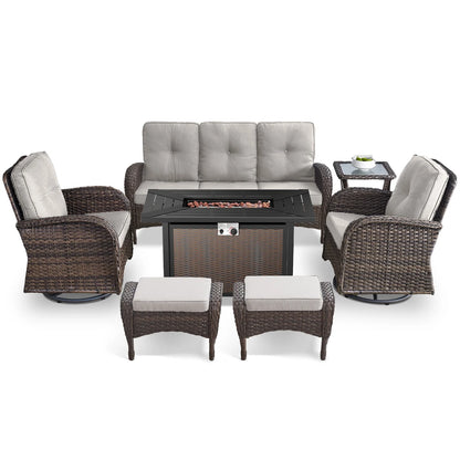 7 Piece Outdoor Patio Furniture Set, Patio Furniture Set with Fire Pit Table Rattan Wicker Patio Furniture Set, Brown Wicker & Beige Cushion